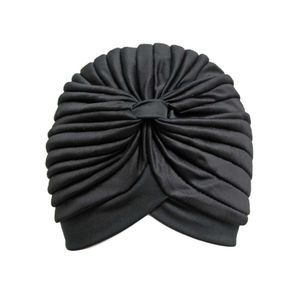 Black Spandex Pleated Turban Head Wrap For Women